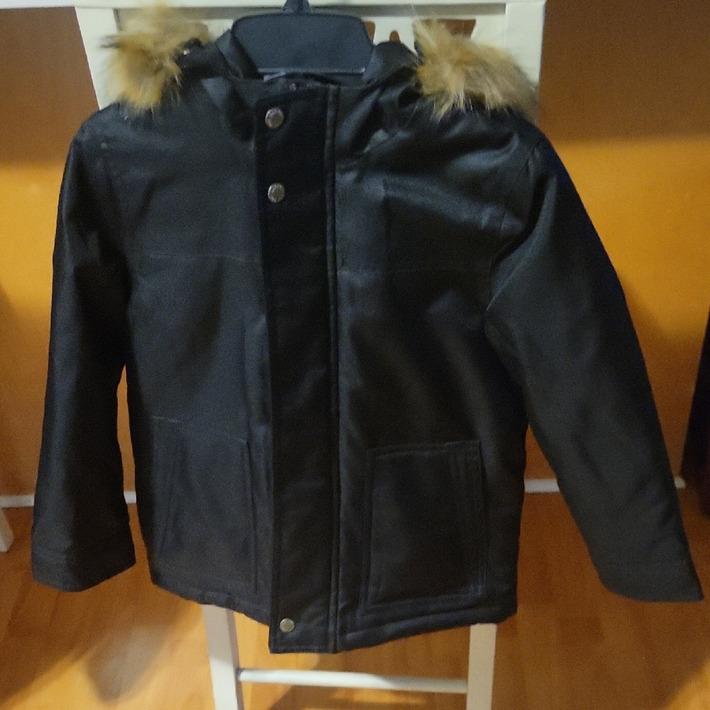 GAP Black Kids Puffer Jacket with Faux Fur Hood